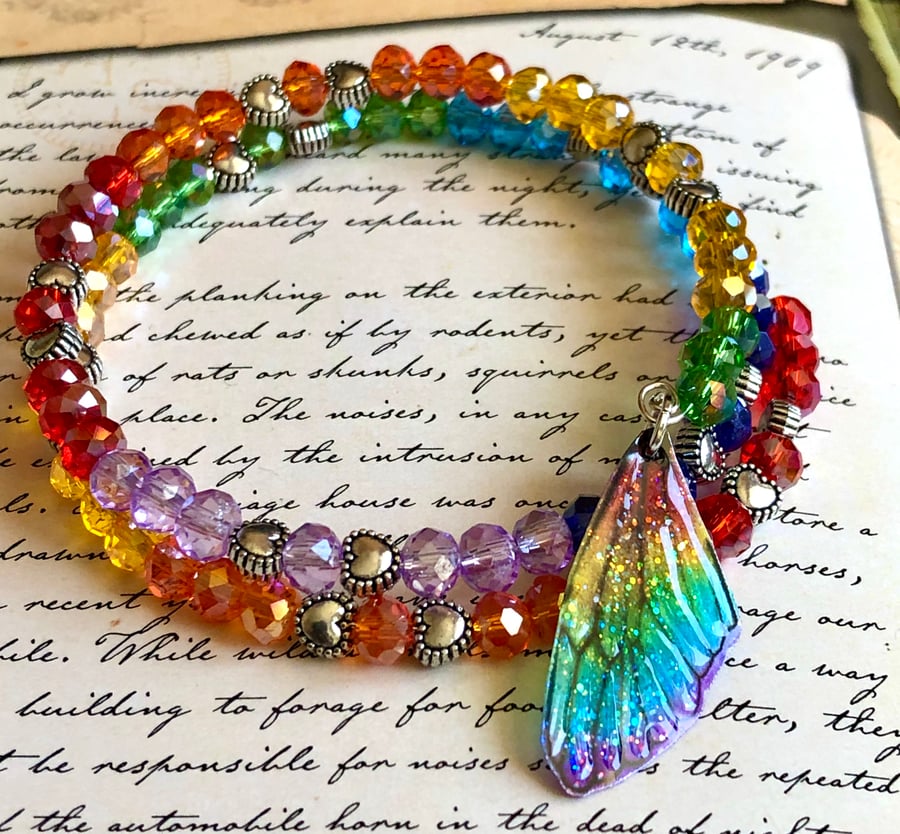 Rainbow Heart  Fairy Wing Beaded Bracelet