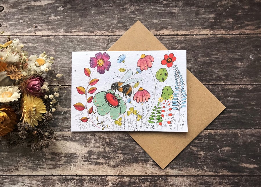 Plantable Seed Paper Birthday Card, Blank Inside, Bee greeting card, Bee