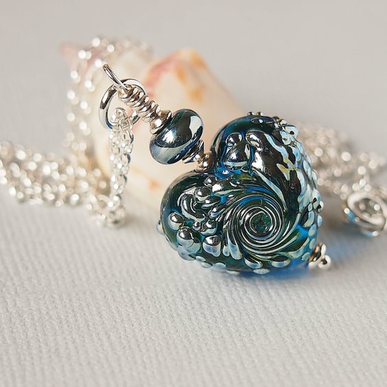 Blue Glass Heart Pendant - Sterling Silver - Artisan Lampwork 
