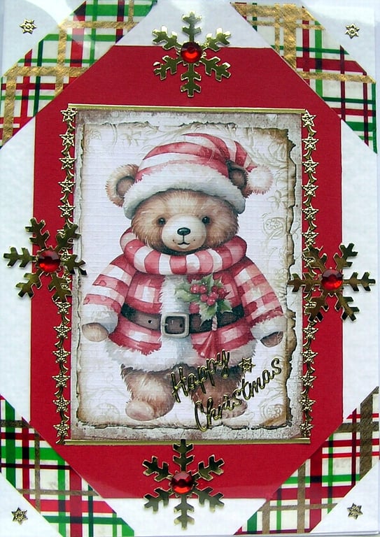 Hand Crafted Decoupage Chistmas Card - Happy Christmas (2731) - Teddy Bear