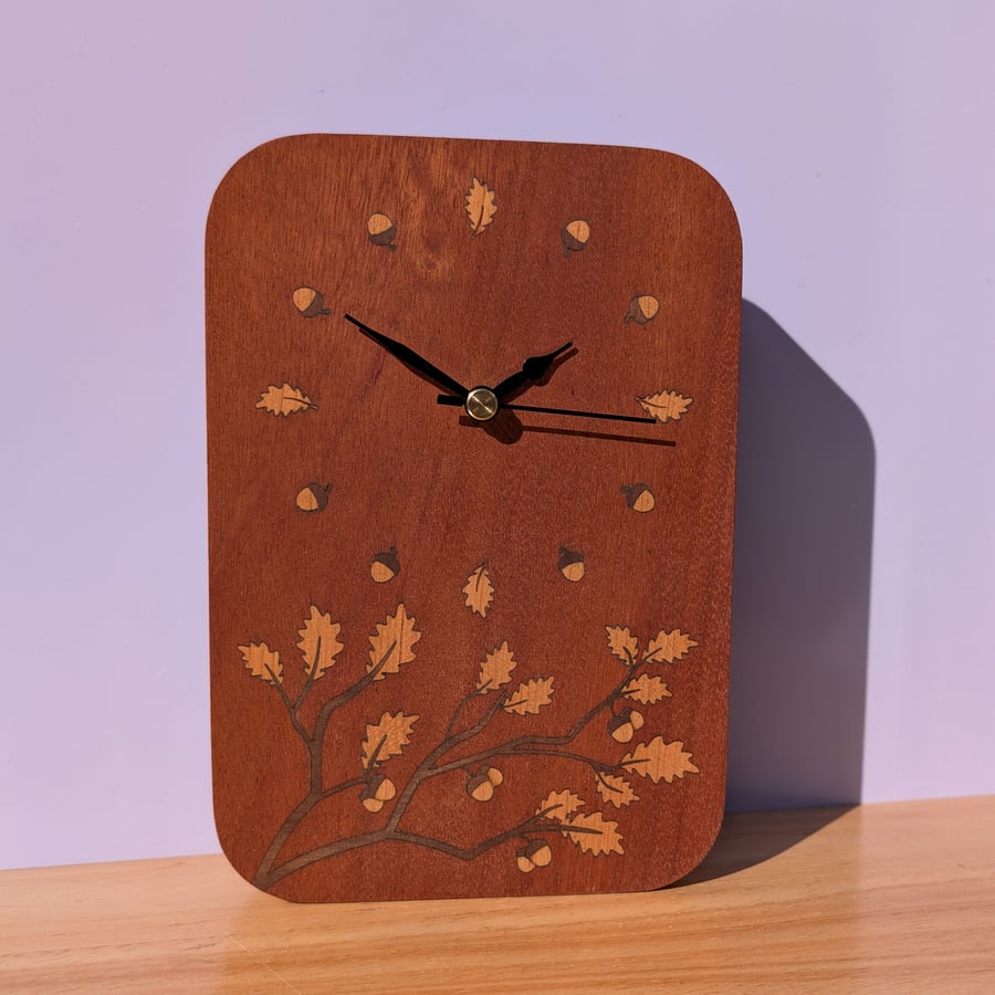 freestanding marquetry clock, oak branch timber veneer design