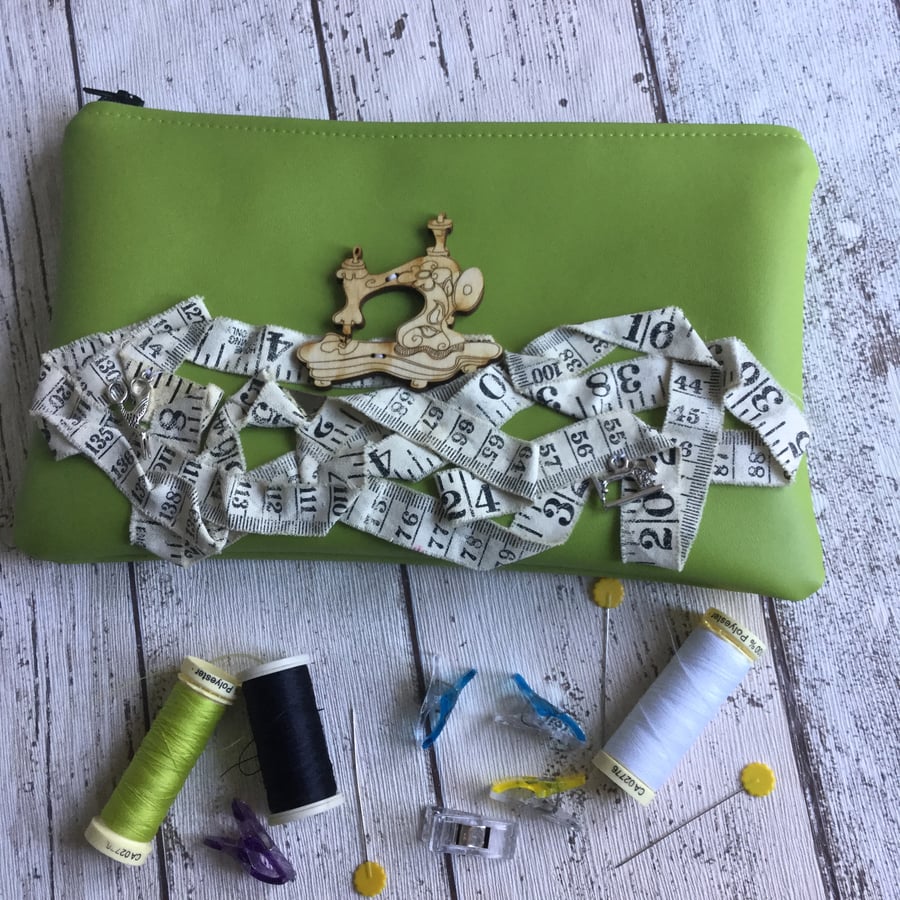 Sewing Themed Apple Green Faux Leather Zipped Pouch