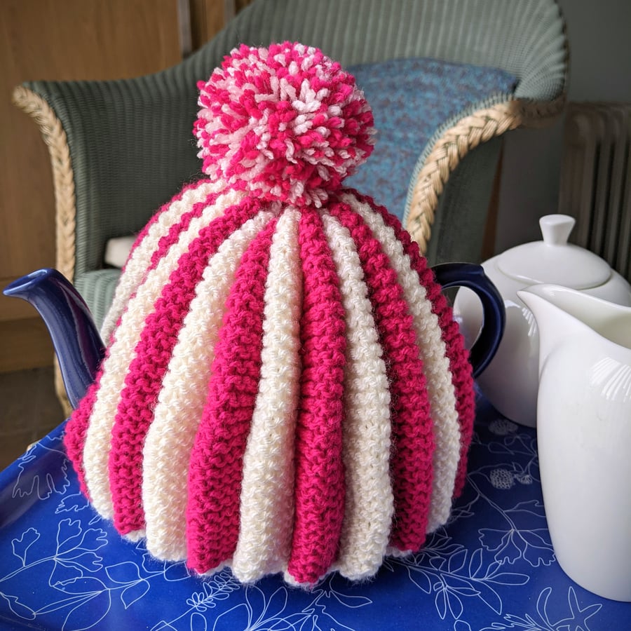 Pink and white vintage style tea cosy