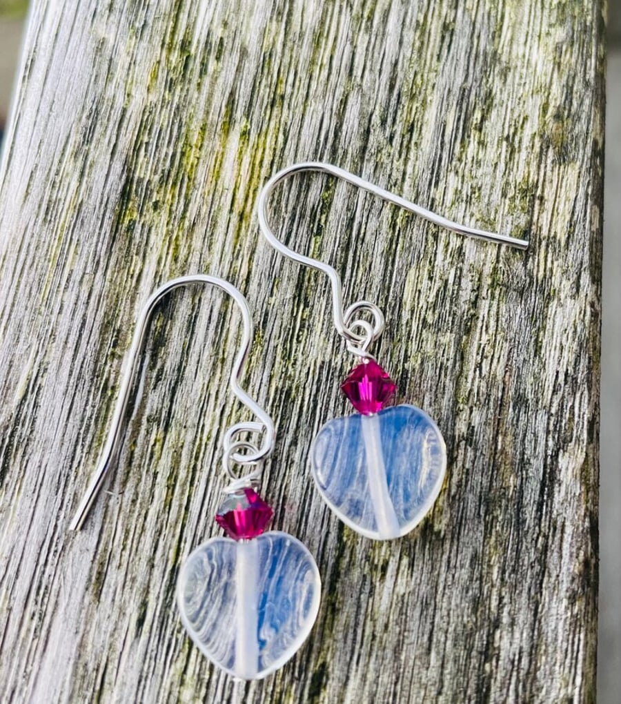 Opal Heart with Pink Swarovski Crystal Drop Earrings 
