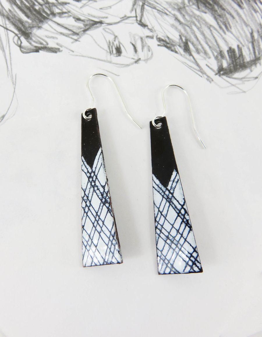 Black and White Dangle Copper Enamel Earrings with Hand Drawn Detail