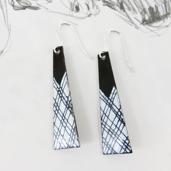 Black and White Dangle Copper Enamel Earrings with Hand Drawn Detail