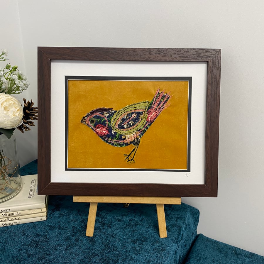 bright multi coloured bird wall art, fabric art, 
