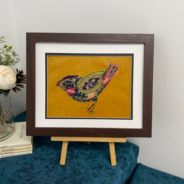 bright multi coloured bird wall art, fabric art, 