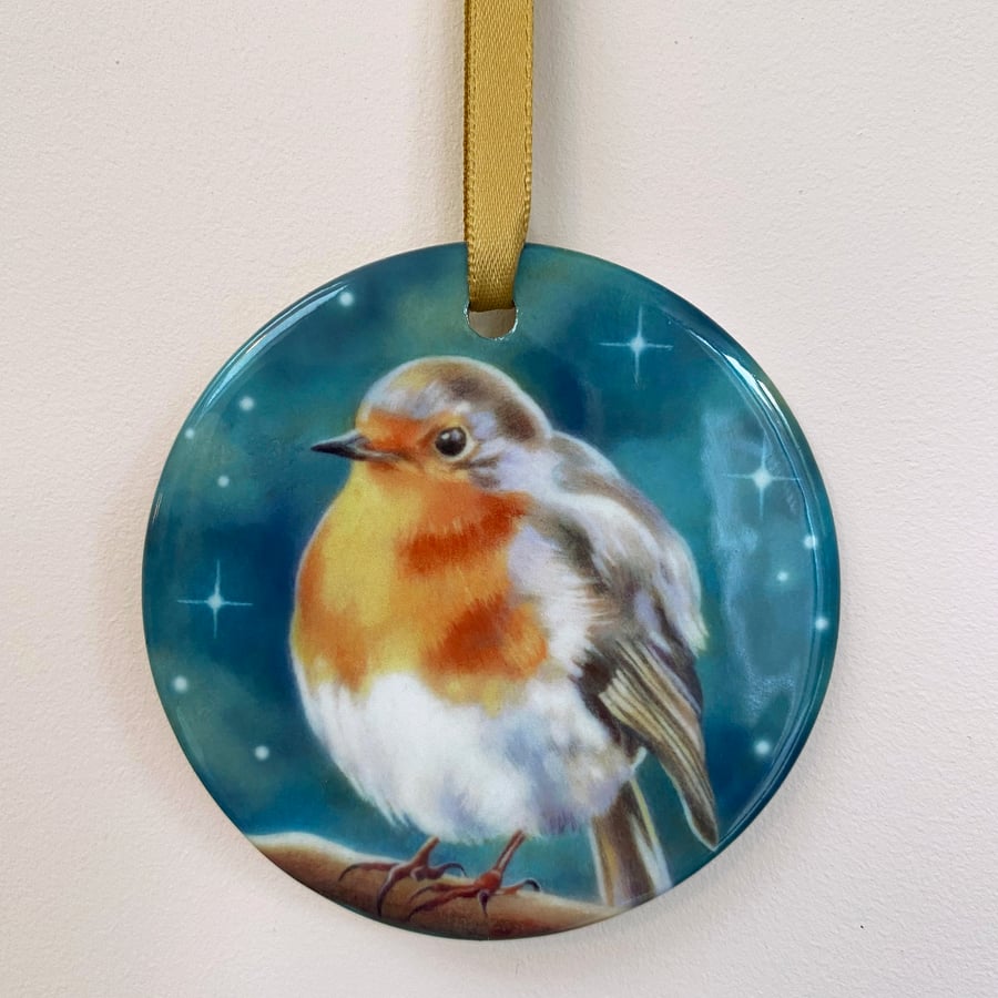 ceramic robin ornament - hanging bird ornament, robin Christmas decoration 