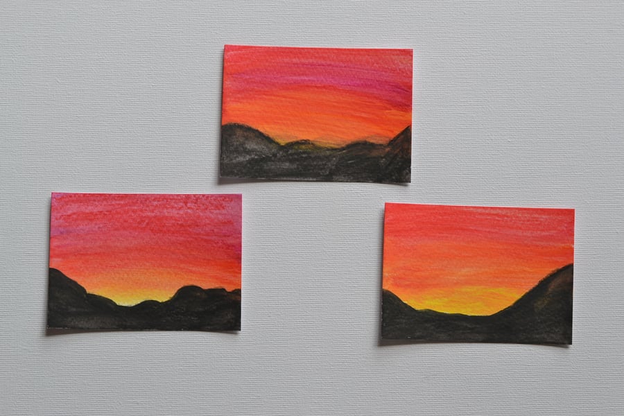  3 Aceo Watercolour Sunsets Original Painting