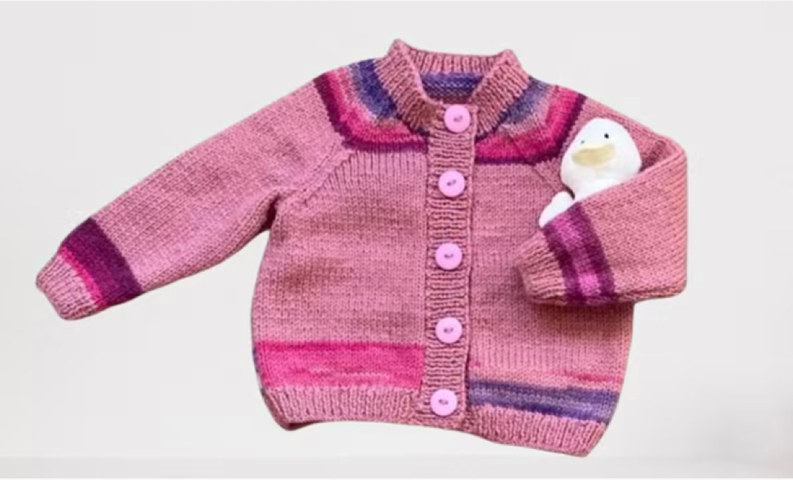 Baby Cardigan, Hand Knitted Pink With  Multicolour Acrylic Yarn, Age 9-12 months