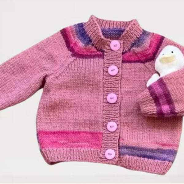 Baby Cardigan, Hand Knitted Pink With  Multicolour Acrylic Yarn, Age 9-12 months