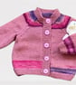 Baby Cardigan, Hand Knitted Pink With  Multicolour Acrylic Yarn, Age 9-12 months