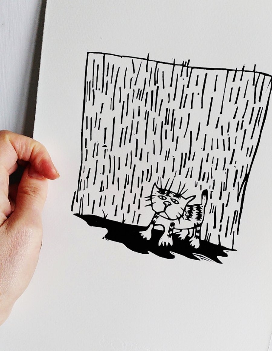 Cat in the Rain - lino cut print