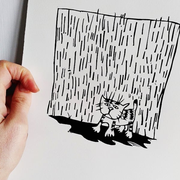 Cat in the Rain - lino cut print