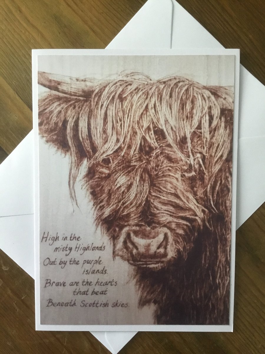 Scotland The Brave, Highland Cow Greetings card. Blank inside.