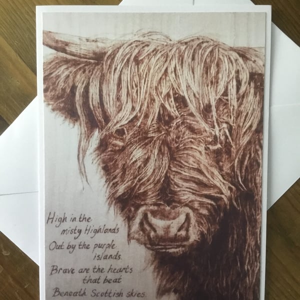 Scotland The Brave, Highland Cow Greetings card. Blank inside.