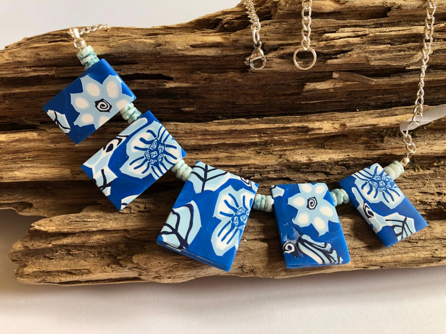 Floral Blue & White Necklace & Earrings
