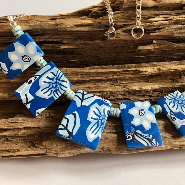 Floral Blue & White Necklace & Earrings
