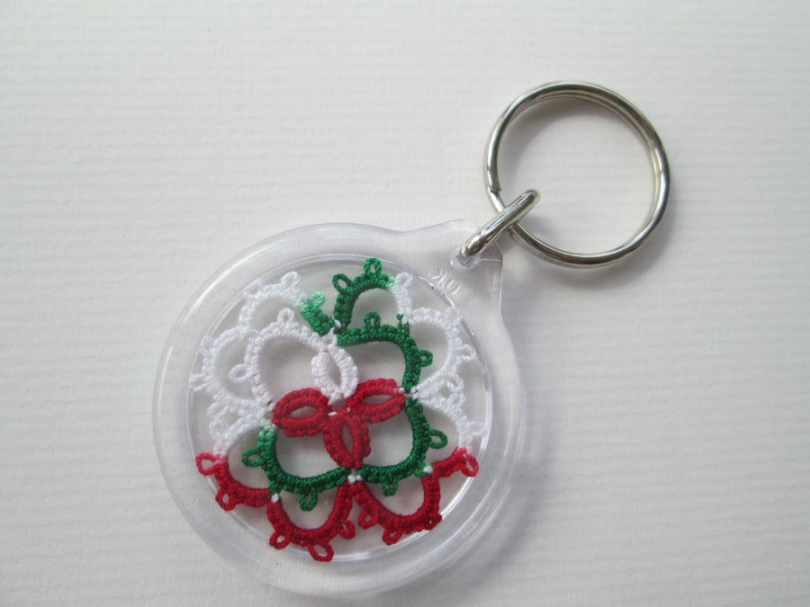 Red green and white Tatted key-ring 