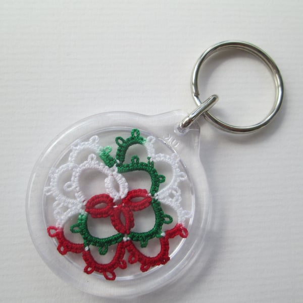 Red green and white Tatted key-ring 
