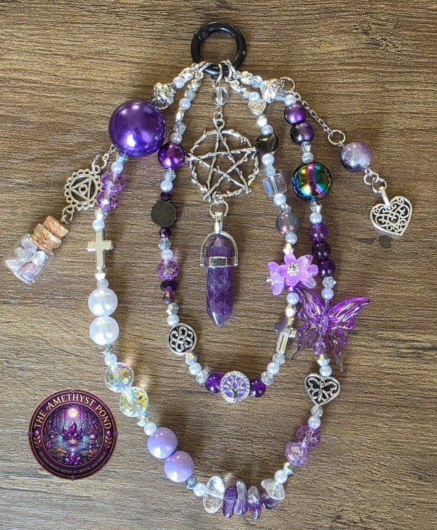 Amethyst phone charmCrystal keychainWitchy bag charmClear quartz charmPentagram 