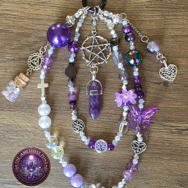 Amethyst phone charmCrystal keychainWitchy bag charmClear quartz charmPentagram 