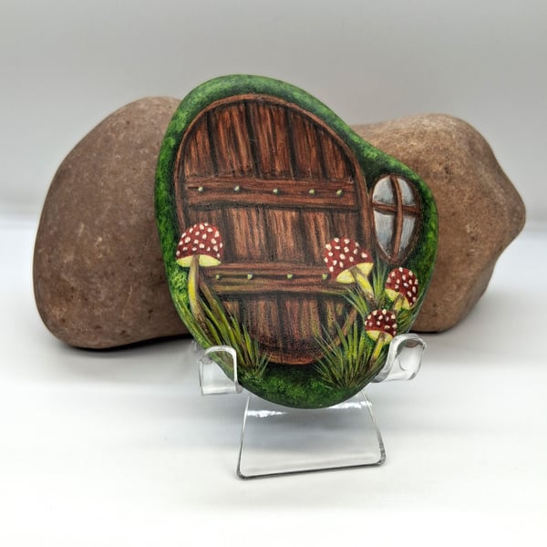 Fairy Door with Glowing Mushrooms Rock, Pebble Painting