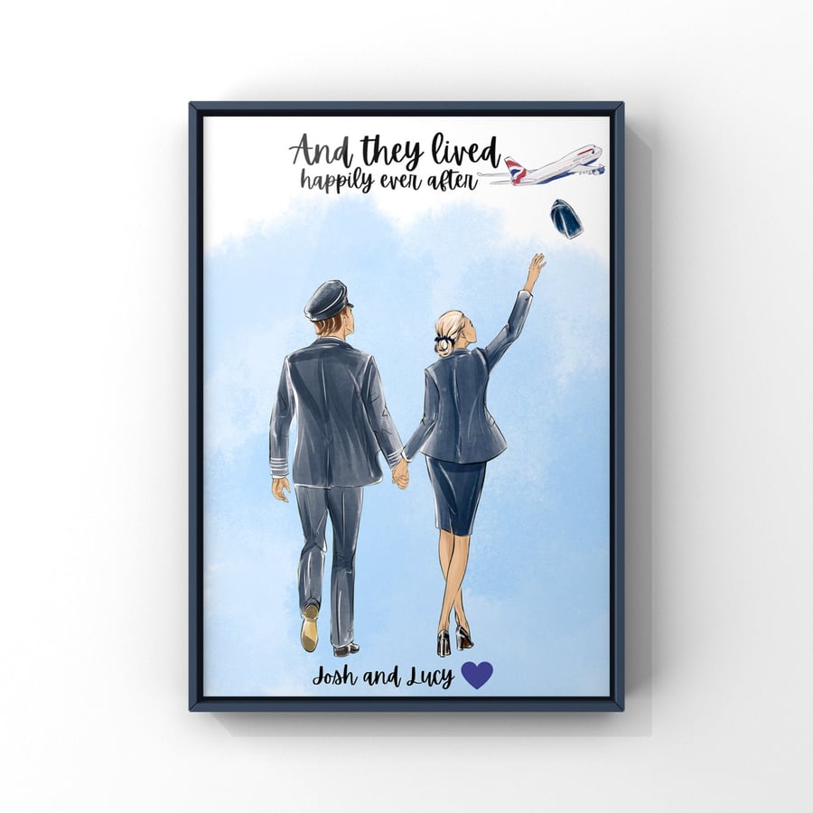 Personalised Cabin Crew Couples Print Flight Attendant and Pilot Couple Poster V