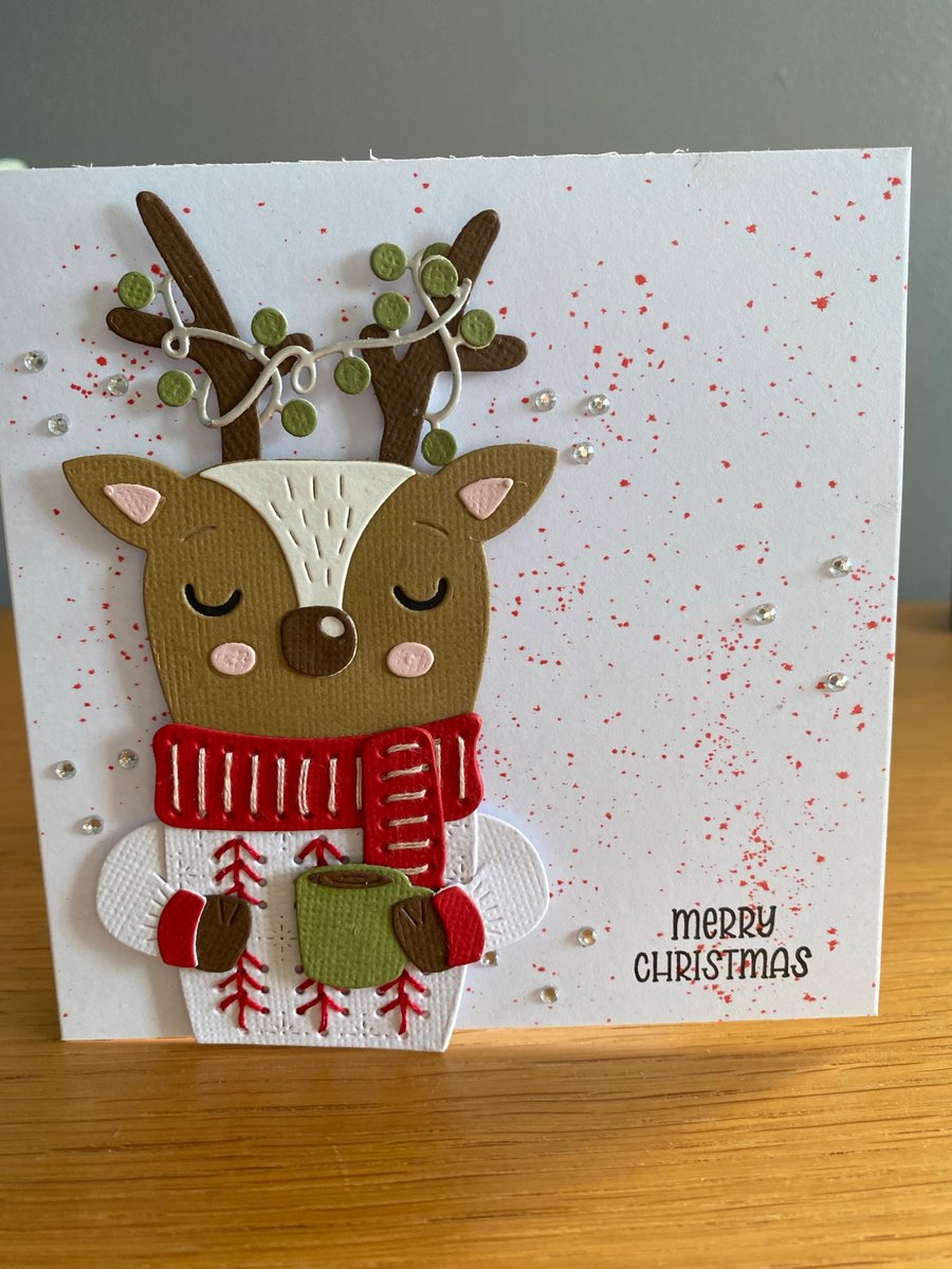 Handmade Reindeer Christmas Card Traditional Colours & Hand Stitched Details