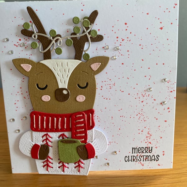 Handmade Reindeer Christmas Card Traditional Colours & Hand Stitched Details