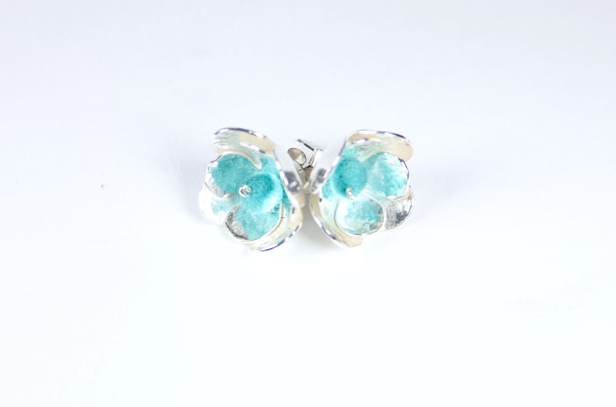 Contemporary 3D Silver Stud Floral Earrings with Turquoise Felt Beads