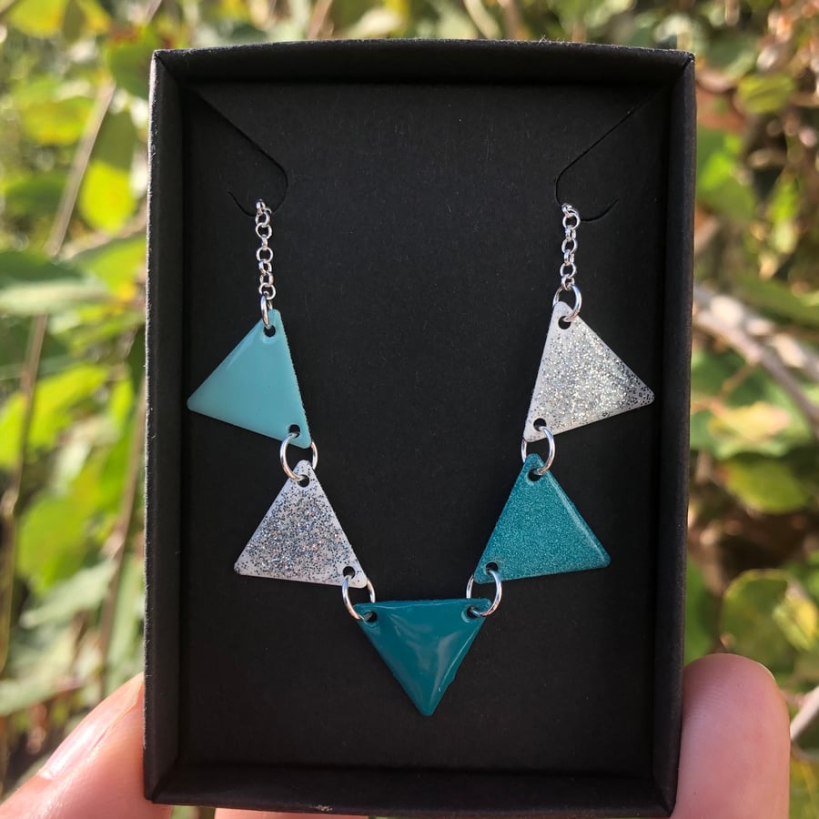 Turquoise enamel bunting necklace. Sterling Silver necklace.