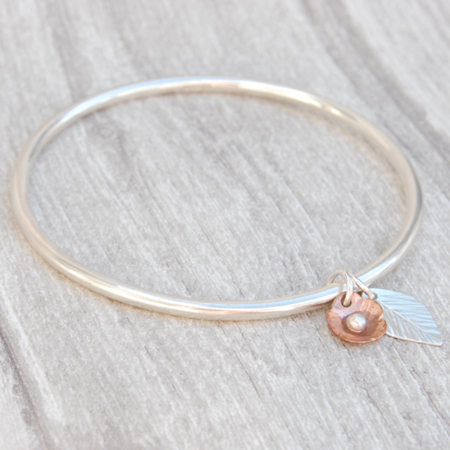 Copper flower and silver leaf bangle
