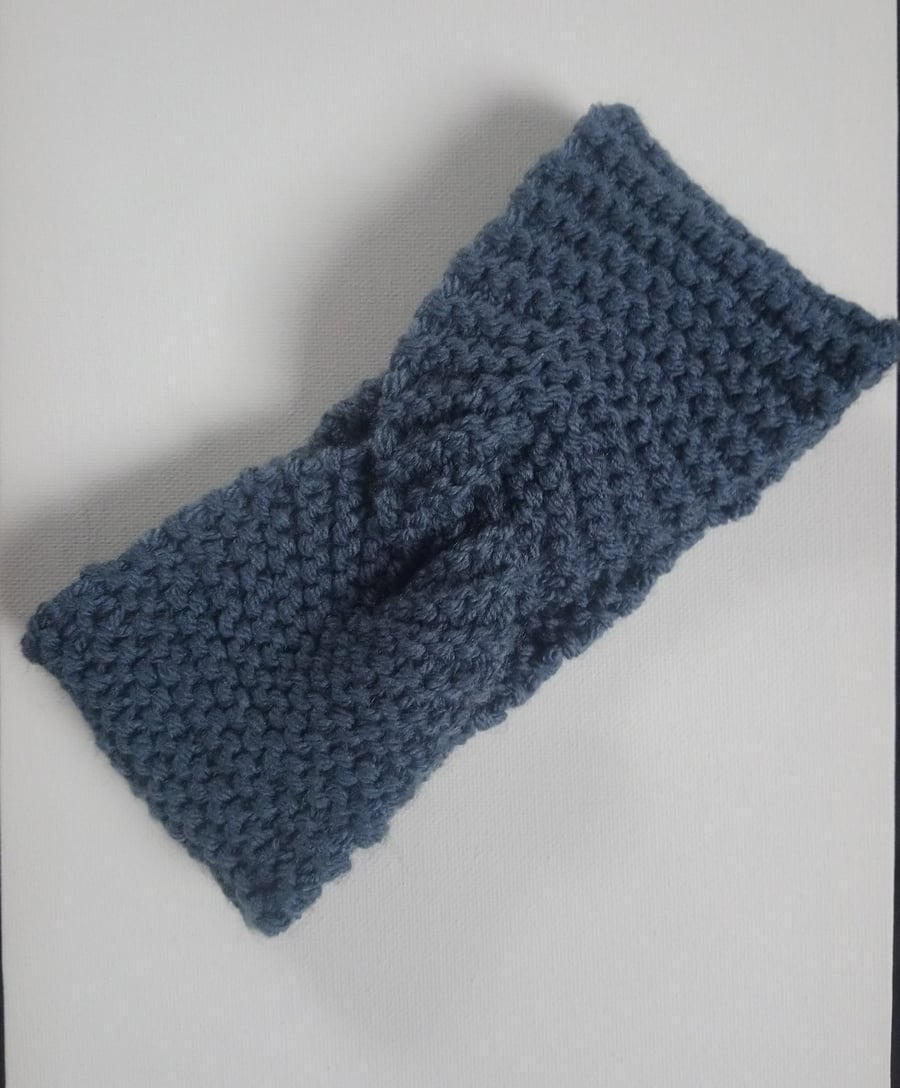 Hand knitted blue headband 
