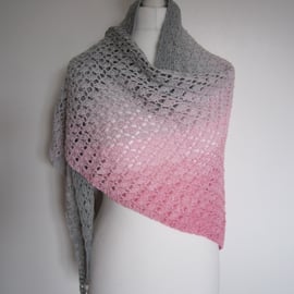 Grey shawl, pink shawl, crochet, ladies shawl