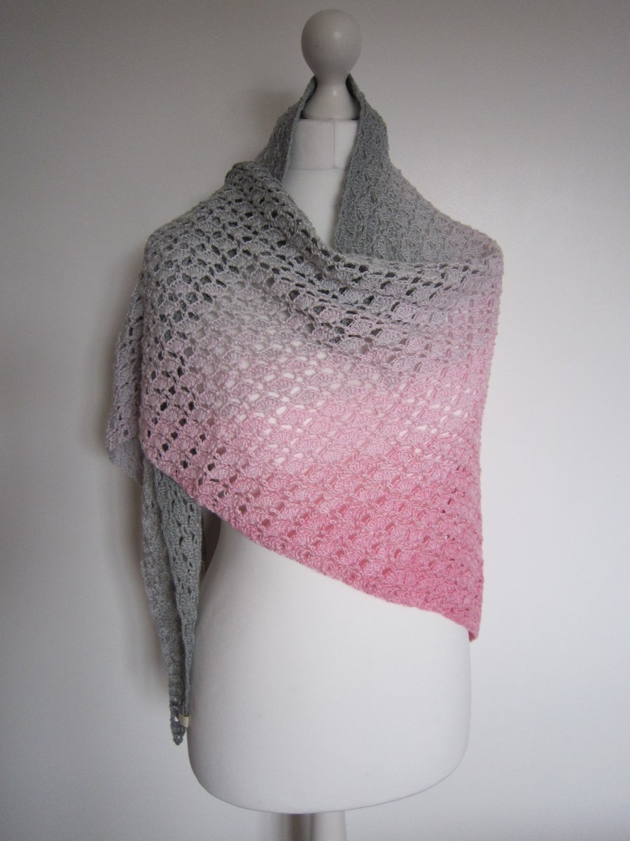 Ladies Hand Crochet Pink and Grey Shawl, Summer Shawl, Ladies Gift Idea