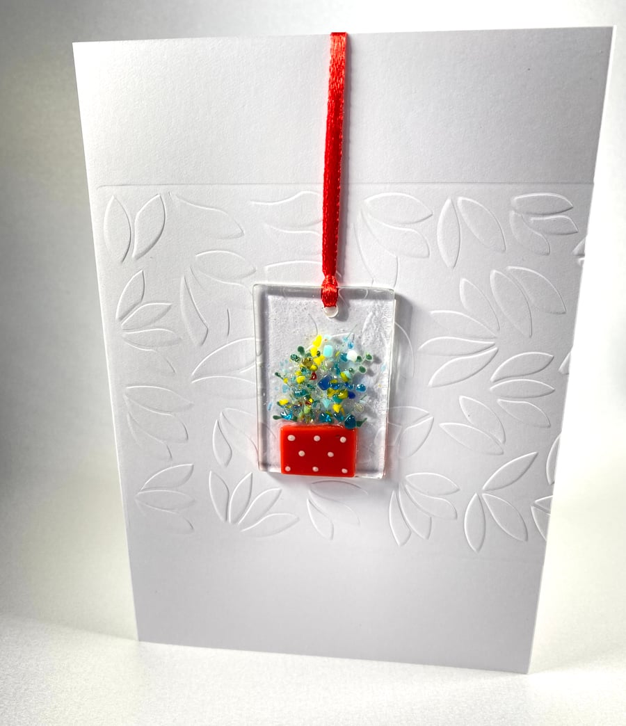 Luxury embossed special card with fused glass hanging keepsake 