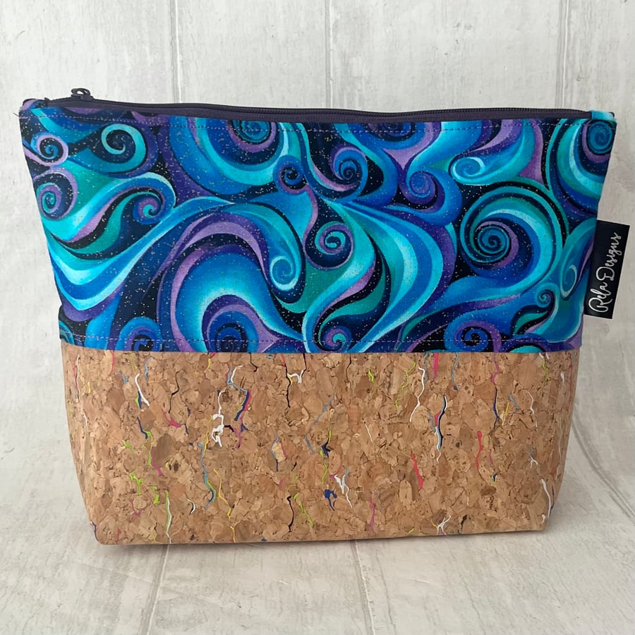 Makeup bags blue squiggles with cork base