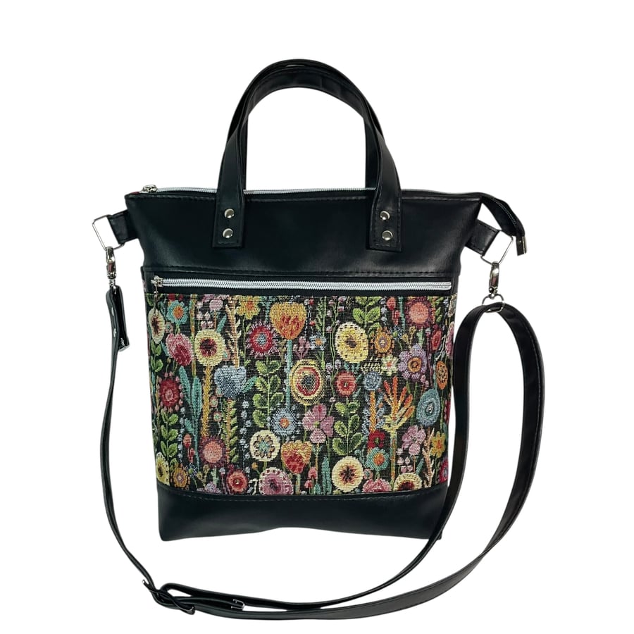 handbag in faux leather and floral  print, carry handles tote, medium size
