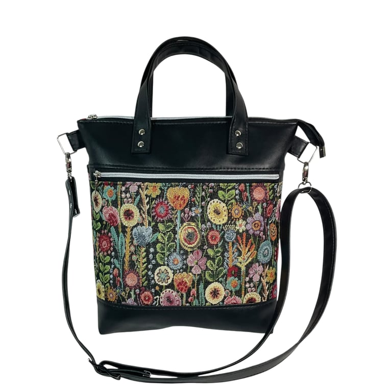 handbag in faux leather and floral  print, carry handles tote, medium size