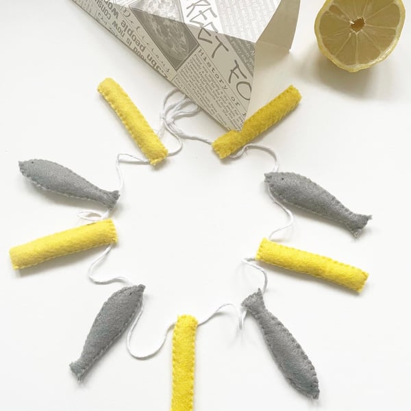 Felt Fish and Chips Garland, Food Lover Decor