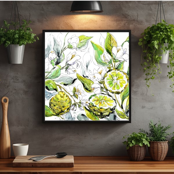 Fresh Bergamot Fruit and Blossom Watercolour - Art Print - Square Citrus Nature