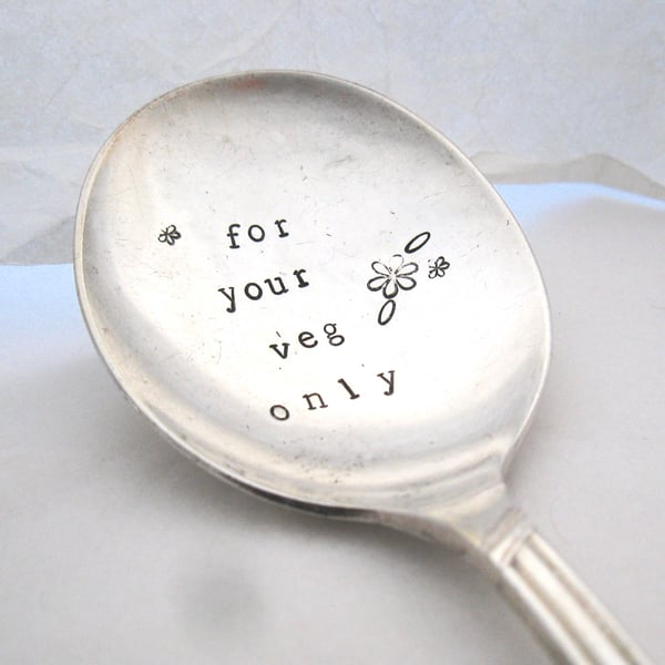 For your veg only, handstamped vintage spoon for vegetarian or vegan