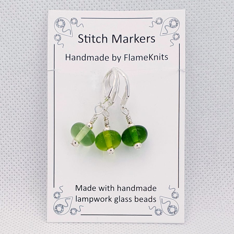 Lampwork Stitch Markers - Green Gradient Trio