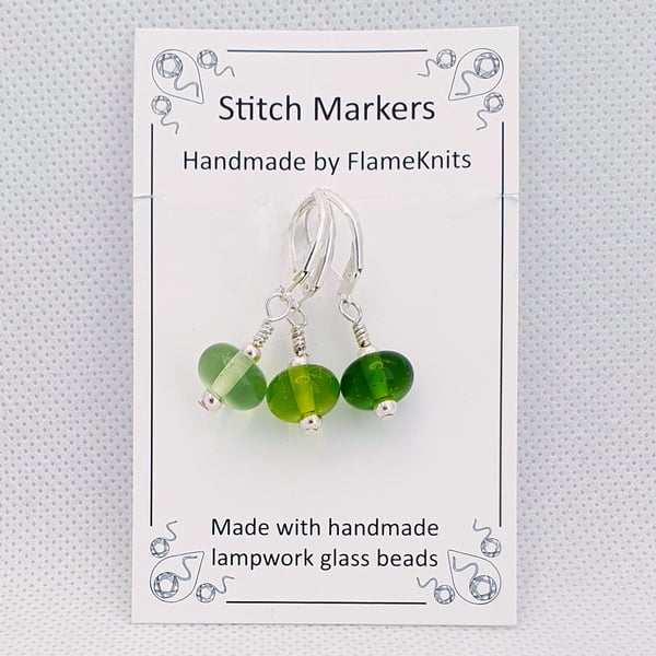 Lampwork Stitch Markers - Green Gradient Trio