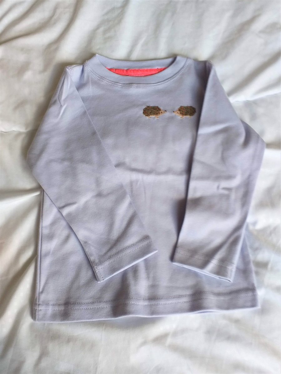 Hedgehog Long-sleeve T-shirt, age 3, hand embroidered