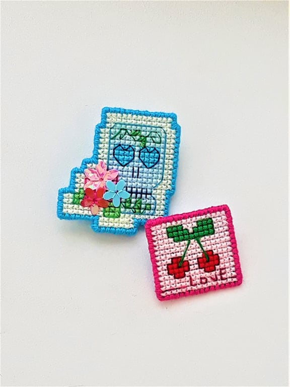 Skull & Cherries Cross Stitch Brooches Badges with Sequin detailing  (Set of 2)