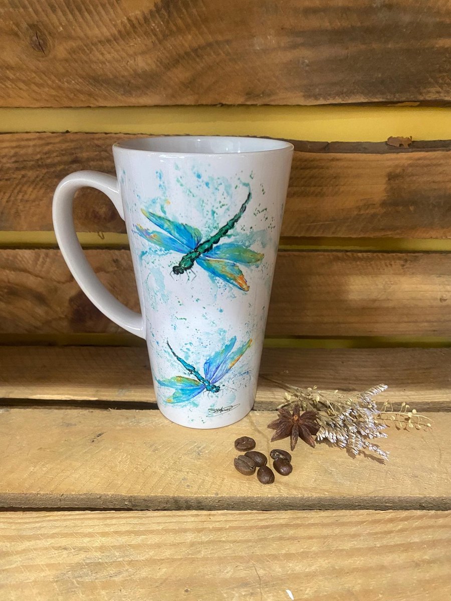 Dragonflies Ceramic 17oz Latte Coffee Mug, Wildlife Art Mug by Watercolour Artis