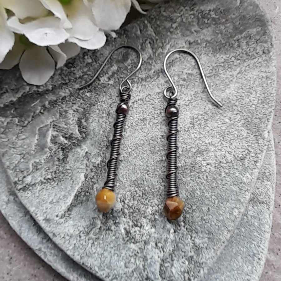 Copper Wire Wrapped Earrings With Tigers Eye